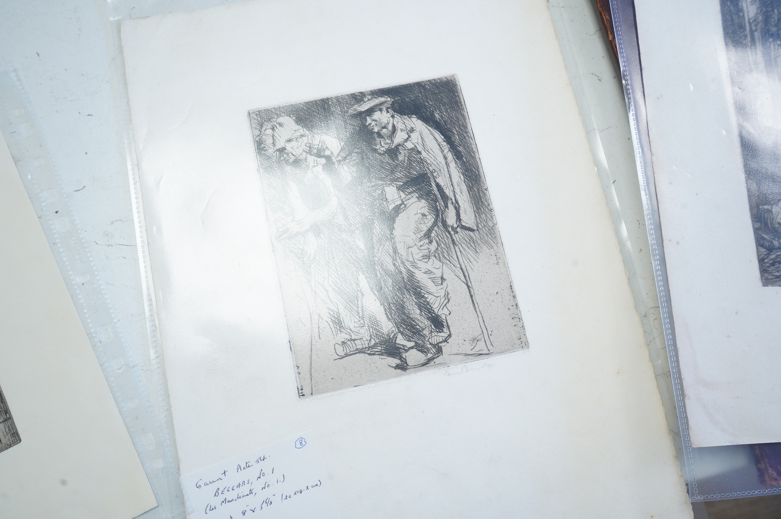 Frank Brangwyn RA RWS RBA (Welsh, 1867-1956), a collection of six etchings and prints, signed in pencil, to include 'The Show' and 'The Beggars', each unframed, largest 40 x 29cm